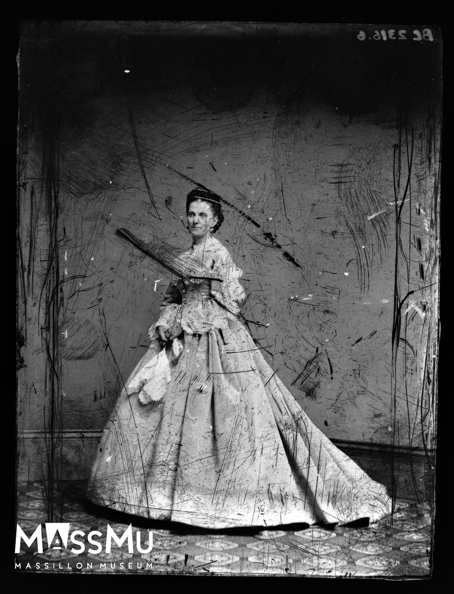 Portrait of the second Mrs. J.P. Burton (Mary Zerbe) in her wedding dress, c.1869 Contact print from the original glass plate negative (BC 2316.6) Attributed to the Fletcher Studio, likely taken by Mrs. Abel (Martha) Fletcher